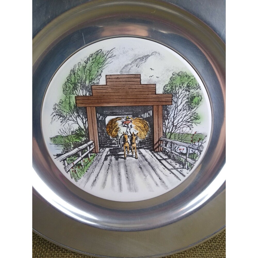 Pewter Wilton Plate Wall Hanging Tile Insert w Hay Wagon Covered Bridge Vintage